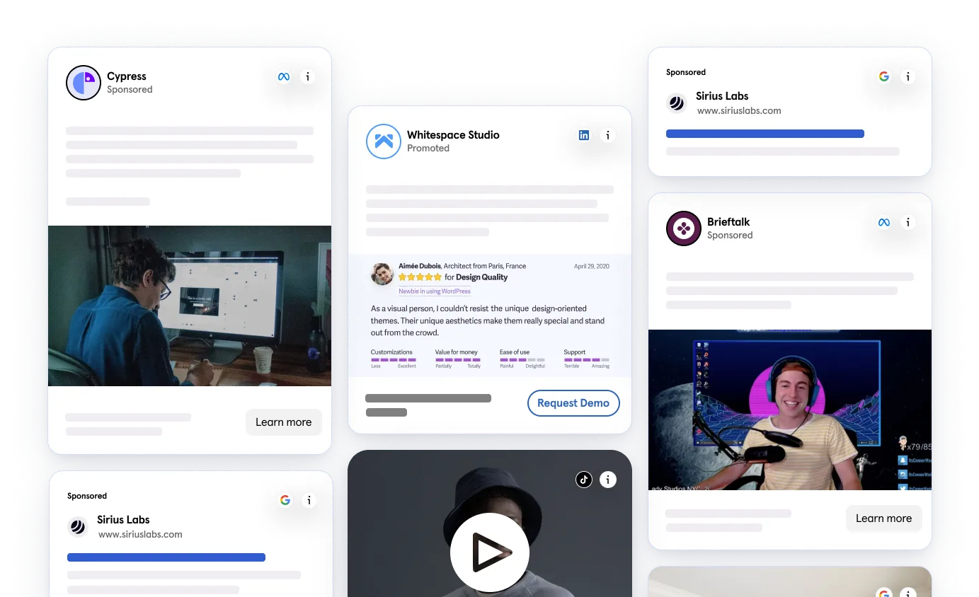 Showcase of digital ad campaigns with sponsored examples from companies like AcmeCo and Wonka Industries, featuring testimonials and visuals to emphasize ad effectiveness and audience reach.